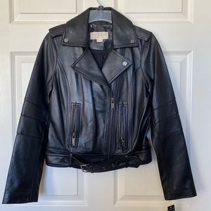 NWT Michael Kors Black Leather Jacket w/ Belt Detail